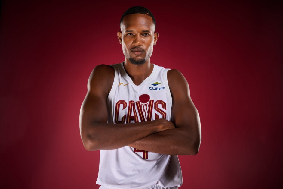 Evan Mobley #4 of the Cleveland Cavaliers poses for a photo during media day at Rocket Mortgage Fieldhouse.