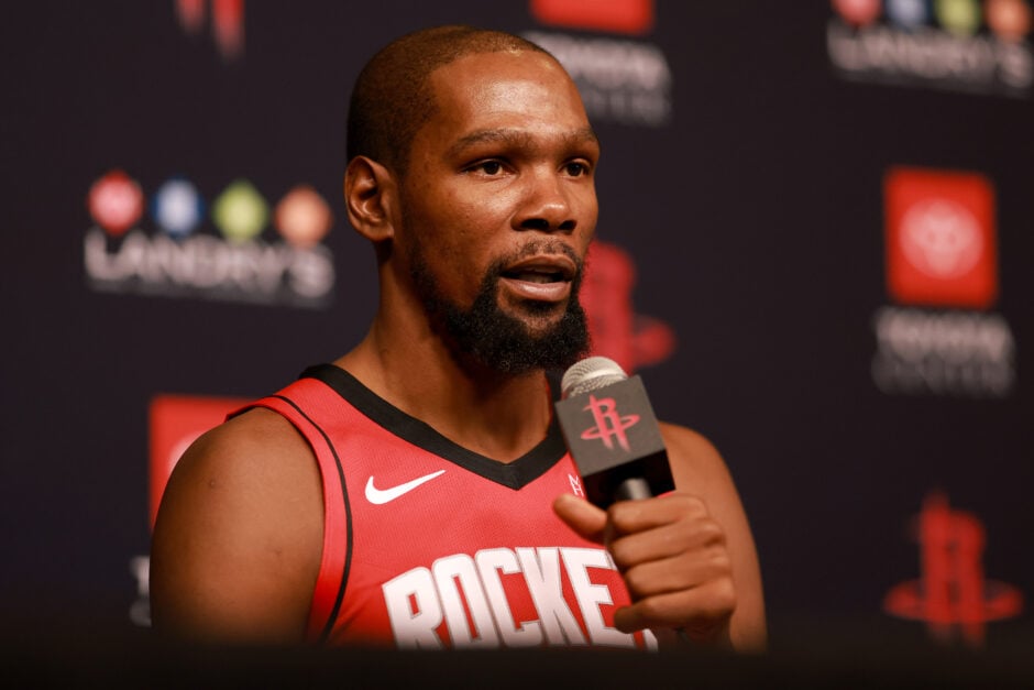 Kevin Durant #7 of the Houston Rockets speaks with the media during NBA Media Day.