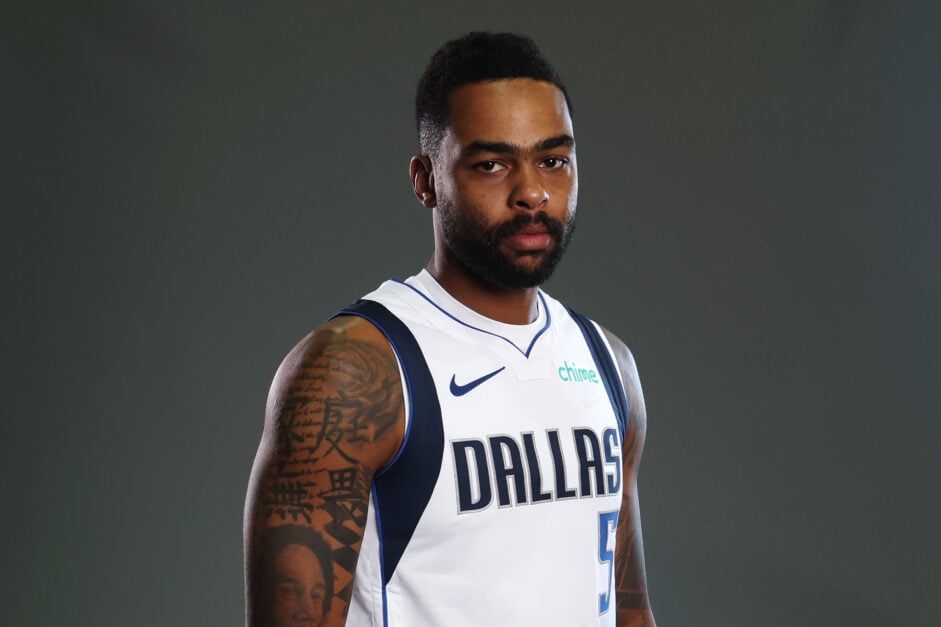 D'Angelo Russell #5 of the Dallas Mavericks poses for a portrait during media day at American Airlines Center.