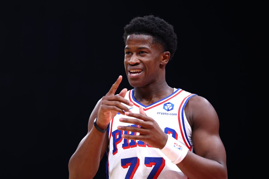 VJ Edgecombe #77 of Philadelphia 76ers reacts during a preseason game between Philadelphia 76ers and New York Knicks.