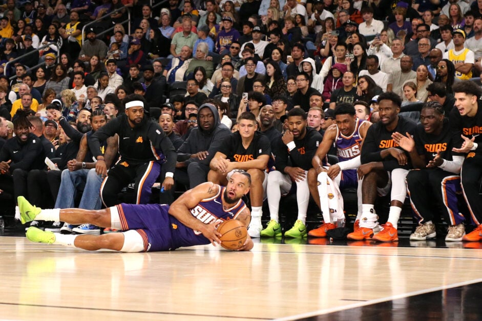 Dillon Brooks #3 of the Phoenix Suns saves the ball