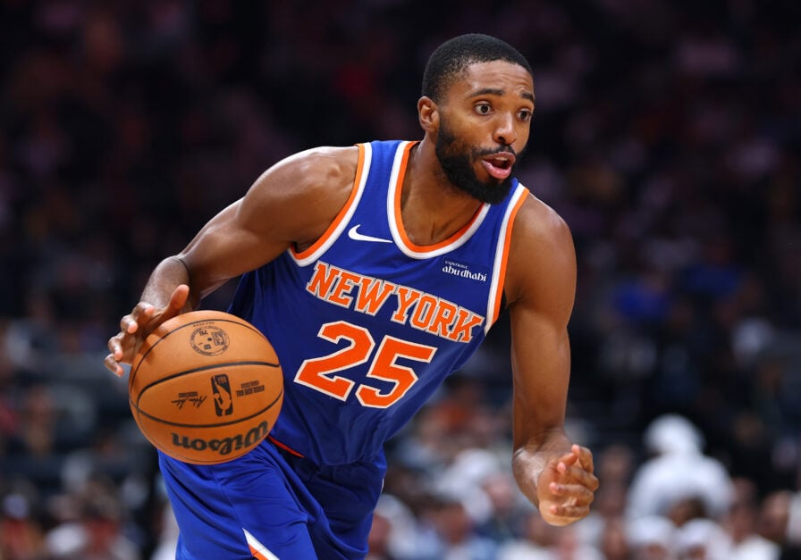 Mikal Bridges ofNew York Knicks handles the ball during a preseason game between Philadelphia 76ers and New York Knicks.