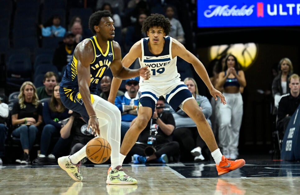 Joan Beringer #19 of the Minnesota Timberwolves defends against James Wiseman #11 of the Indiana Pacers during the second half of the preseason game at Target Center on October 7, 2025 in Minneapolis, Minnesota.
