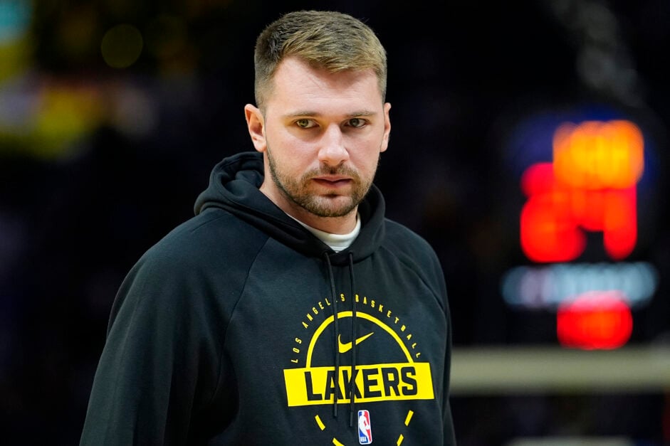 Los Angeles Lakers superstar guard Luka Doncic watching the preseason game between the Lakers and Golden State Warriors.
