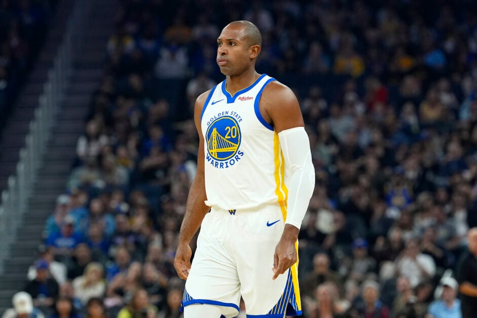 Al Horford #20 of the Golden State Warriors looks on against the Los Angeles Lakers during the first half of an NBA preseason basketball game at Chase Center.