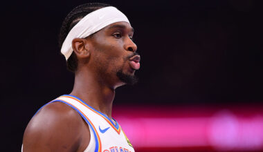 OKLAHOMA CITY, OKLAHOMA - OCTOBER 9: Shai Gilgeous-Alexander #2 of the Oklahoma City Thunder takes a breather during the first half of a preseason game against the Charlotte Hornets at Paycom Center on October 9, 2025 in Oklahoma City, Oklahoma.