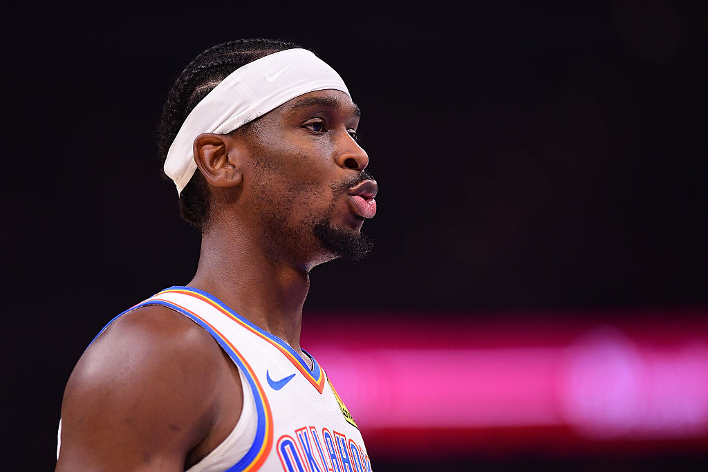 OKLAHOMA CITY, OKLAHOMA - OCTOBER 9: Shai Gilgeous-Alexander #2 of the Oklahoma City Thunder takes a breather during the first half of a preseason game against the Charlotte Hornets at Paycom Center on October 9, 2025 in Oklahoma City, Oklahoma.