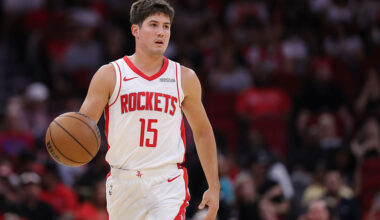 HOUSTON, TEXAS - OCTOBER 06: Reed Sheppard #15 of the Houston Rockets handles the ball against the Atlanta Hawks during the second half of the preseason game at Toyota Center on October 06, 2025 in Houston, Texas. NOTE TO USER: User expressly acknowledges and agrees that, by downloading and or using this photograph, User is consenting to the terms and conditions of the Getty Images License Agreement. (Photo by Alex Slitz/Getty Images)