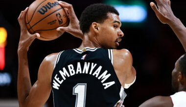 MIAMI, FLORIDA - OCTOBER 08: Victor Wembanyama #1 of the San Antonio Spurs controls the ball against the Miami Heat during the first half at Kaseya Center on October 08, 2025 in Miami, Florida. (Photo by Carmen Mandato/Getty Images)
