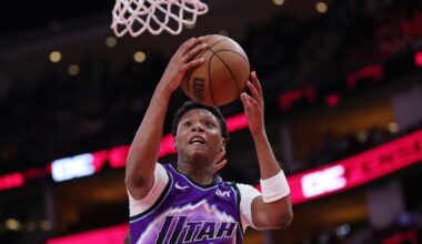 Ace Bailey #19 of the Utah Jazz shoots the ball against the Houston Rockets...