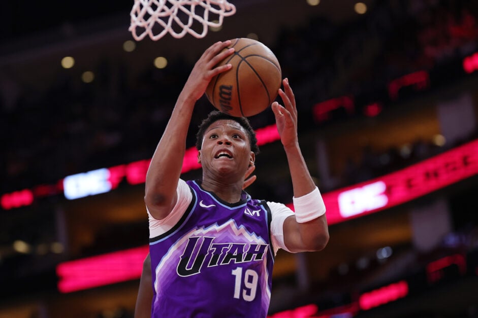 Ace Bailey #19 of the Utah Jazz shoots the ball against the Houston Rockets during the second half of a preseason game at Toyota Center.