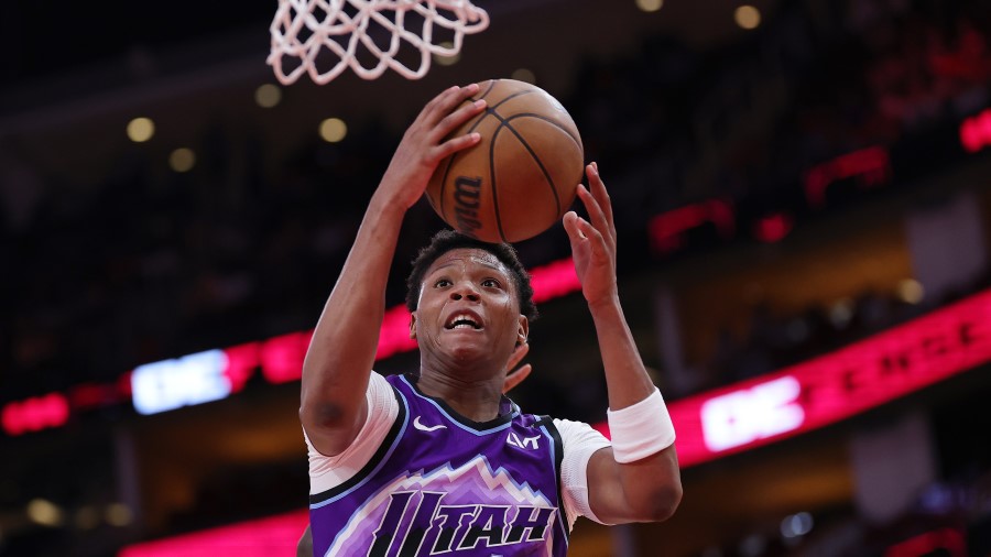 Ace Bailey #19 of the Utah Jazz shoots the ball against the Houston Rockets...