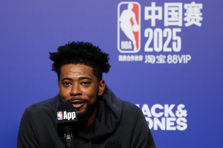 Jordan Goodwin of Phoenix Suns attends the post-match press conference after NBA China Games 2025 between Phoenix Suns and Brooklyn Nets at The Venetian Macao.