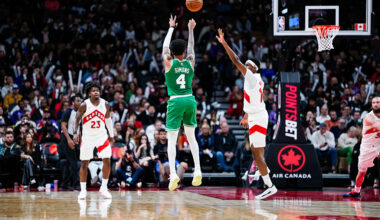 TORONTO, CANADA - OCTOBER 10: Anfernee Simons #4 of the Boston Celtics shoots against the Toronto Raptors during the second half of their pre-season basketball game at the Scotiabank Arena on October 10, 2025 in Toronto, Ontario, Canada. NOTE TO USER: User expressly acknowledges and agrees that, by downloading and/or using this Photograph, user is consenting to the terms and conditions of the Getty Images License Agreement. (Photo by Mark Blinch/Getty Images)
