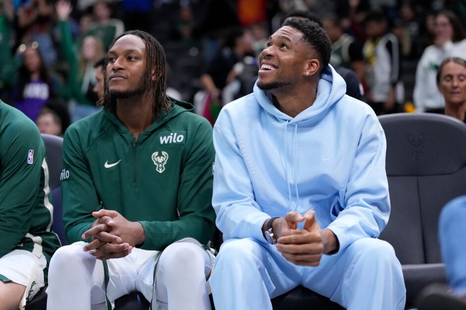 Giannis Antetokounmpo #34 of the Milwaukee Bucks looks on during preseason game against the Detroit Pistons at Fiserv Forum.