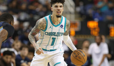 GREENSBORO, NC - OCTOBER 15: LaMelo Ball #1 of the Charlotte Hornets handles the ball during the game against the Memphis Grizzlies during a pre-season game on October 15, 2025 at Greensboro Coliseum, Greensboro, NC.