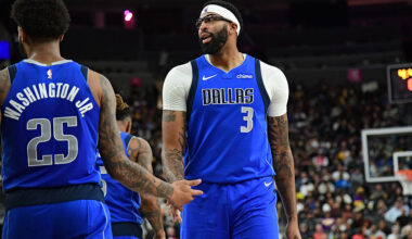 LAS VEGAS, NV - OCTOBER 15: Anthony Davis #3 and P.J Washington #25 of the Dallas Mavericks high five during the game against the Los Angeles Lakers on OCTOBER 15, 2025 at T-Mobile Arena in Las Vegas, Nevada. NOTE TO USER: User expressly acknowledges and agrees that, by downloading and/or using this Photograph, user is consenting to the terms and conditions of the Getty Images License Agreement. Mandatory Copyright Notice: Copyright 2025 NBAE (Photo by Adam Pantozzi/NBAE via Getty Images)