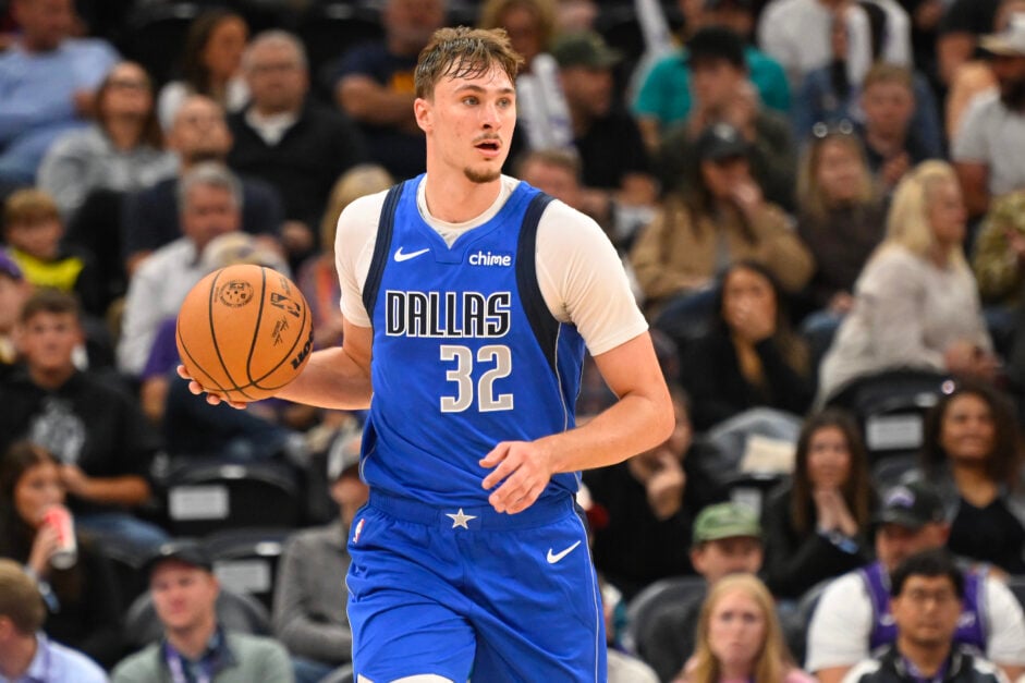 Cooper Flagg #32 of the Dallas Mavericks in action during the first half of a preseason game against the Utah Jazz.