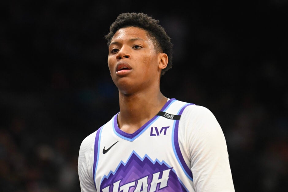 Ace Bailey #19 of the Utah Jazz in action during the first half of a preseason game against the Dallas Mavericks.