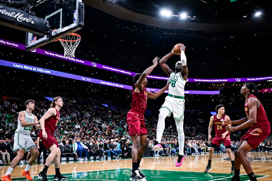 Neemias Queta #88 of the Boston Celtics catches the ball during the second quarter of a preseason game against the Cleveland Cavaliers at TD Garden on October 12, 2025 in Boston, Massachusetts.