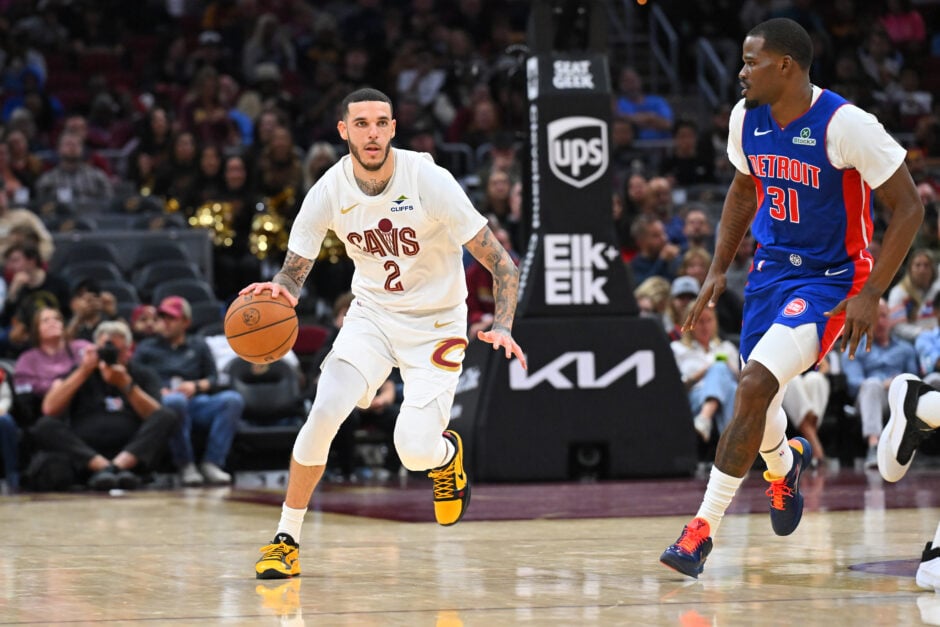Lonzo Ball #2 of the Cleveland Cavaliers brings the ball up court during the fourth quarter of a preseason game against the Detroit Pistons at Rocket Arena.