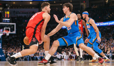 Brooks Barnhizer 23 of the Oklahoma City Thunder guards Alperen Sengun 28 of the Houston Rockets during the first half at Paycom Center on October 21, 2025 in Oklahoma City, Oklahoma.