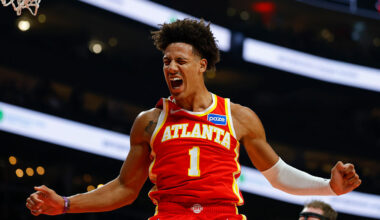 ATLANTA, GEORGIA - OCTOBER 22: Jalen Johnson #1 of the Atlanta Hawks reacts after making a dunk during the first quarter against the Toronto Raptors at State Farm Arena on October 22, 2025 in Atlanta, Georgia. NOTE TO USER: User expressly acknowledges and agrees that, by downloading and or using this photograph, User is consenting to the terms and conditions of the Getty Images License Agreement. (Photo by Todd Kirkland/Getty Images)