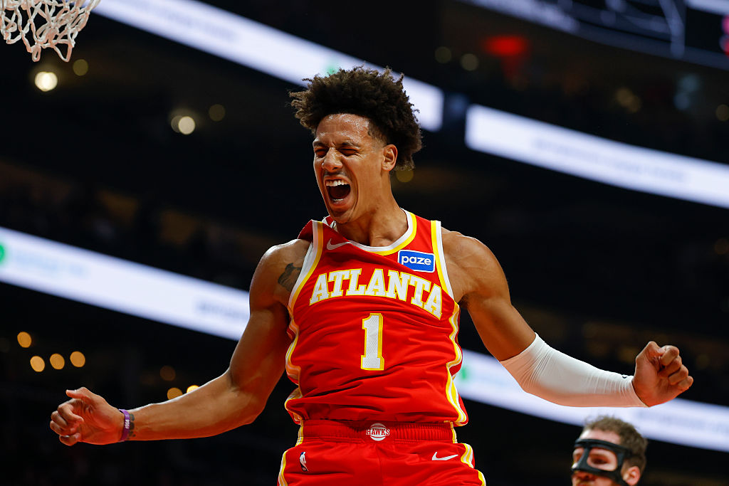 ATLANTA, GEORGIA - OCTOBER 22: Jalen Johnson #1 of the Atlanta Hawks reacts after making a dunk during the first quarter against the Toronto Raptors at State Farm Arena on October 22, 2025 in Atlanta, Georgia. NOTE TO USER: User expressly acknowledges and agrees that, by downloading and or using this photograph, User is consenting to the terms and conditions of the Getty Images License Agreement. (Photo by Todd Kirkland/Getty Images)