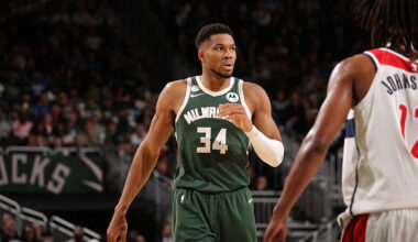 MILWAUKEE, WI - OCTOBER 22: Giannis Antetokounmpo #34 of the Milwaukee Bucks looks on during the game against the Washington Wizards on October 22, 2025 at Fiserv Forum Center in Milwaukee, Wisconsin. NOTE TO USER: User expressly acknowledges and agrees that, by downloading and or using this Photograph, user is consenting to the terms and conditions of the Getty Images License Agreement. Mandatory Copyright Notice: Copyright 2025 NBAE (Photo by Gary Dineen/NBAE via Getty Images).