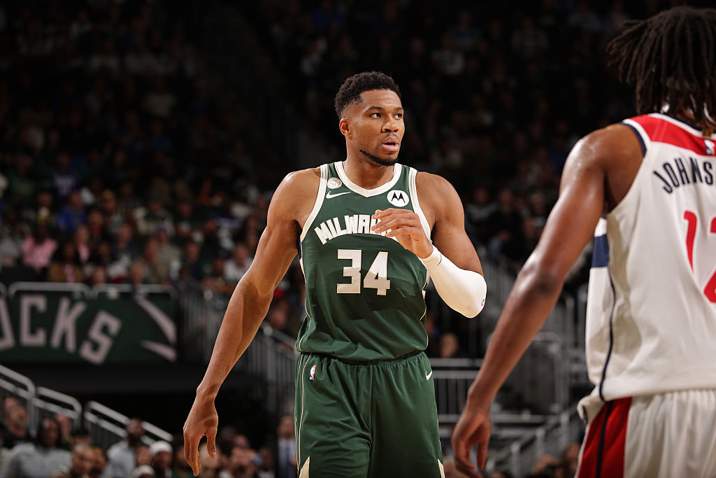 MILWAUKEE, WI - OCTOBER 22: Giannis Antetokounmpo #34 of the Milwaukee Bucks looks on during the game against the Washington Wizards on October 22, 2025 at Fiserv Forum Center in Milwaukee, Wisconsin. NOTE TO USER: User expressly acknowledges and agrees that, by downloading and or using this Photograph, user is consenting to the terms and conditions of the Getty Images License Agreement. Mandatory Copyright Notice: Copyright 2025 NBAE (Photo by Gary Dineen/NBAE via Getty Images).