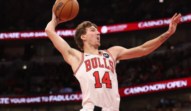 CHICAGO, ILLINOIS - OCTOBER 22: Matas Buzelis #14 of the Chicago Bulls goes up for a dunk against the Detroit Pistons during the second half at the United Center on October 22, 2025 in Chicago, Illinois. NOTE TO USER: User expressly acknowledges and agrees that, by downloading and or using this photograph, User is consenting to the terms and conditions of the Getty Images License Agreement. (Photo by Michael Reaves/Getty Images)