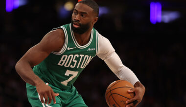 NEW YORK, NEW YORK - OCTOBER 24: Jaylen Brown #7 of the Boston Celtics drives against the New York Knicks during the fourth quarter at Madison Square Garden on October 24, 2025 in New York City. The Knicks won 105-95. NOTE TO USER: User expressly acknowledges and agrees that, by downloading and or using this photograph, User is consenting to the terms and conditions of the Getty Images License Agreement. (Photo by Al Bello/Getty Images)