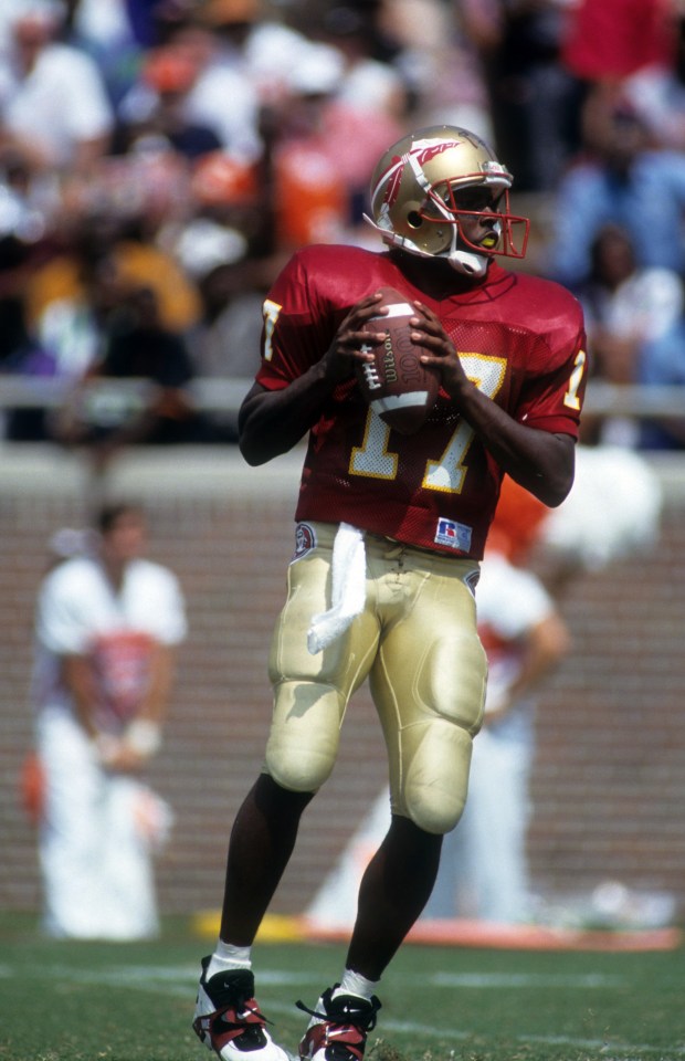 TALLAHASSEE, FL - SEPTEMBER 11:  Quarterback Charlie Ward #17 of the Florida State Seminoles readies to throw the ball during an NCAA game against the Clemson Tigers on September 11, 1993 at Doak Campbell Stadium in Tallahassee, Flroida.  The Seminoles defeated the Tigers 57-0.  (Photo by Scott Halleran/Getty Images)