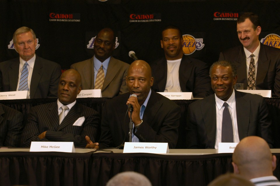 A picture of the reunion of the 1985 Los Angeles Lakers Championship Team before the current Lakers play against the Phoenix Suns on April 11, 2005 at the Staples Center in Los Angeles, California.