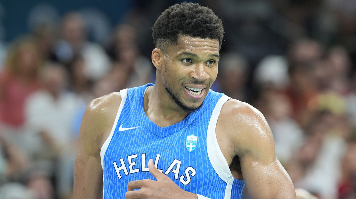 Greece small forward Giannis Antetokounmpo (34) reacts against Spain in a men's basketball group stage match during the Paris 2024 Olympic Summer Games at Stade Pierre-Mauroy.