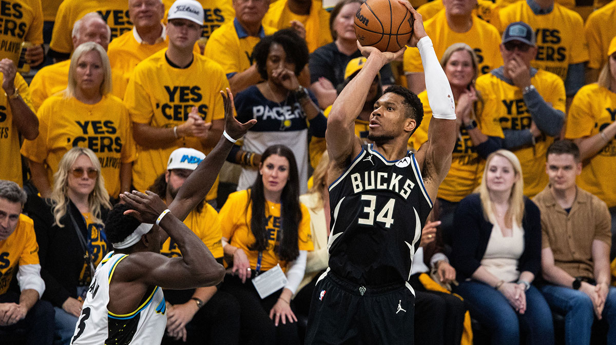 Milwaukee Bucks forward Giannis Antetokounmpo (34) shoots the ball while Indiana Pacers forward Pascal Siakam (43) defends during game five of the first round for the 2024 NBA Playoffs at Gainbridge Fieldhouse.