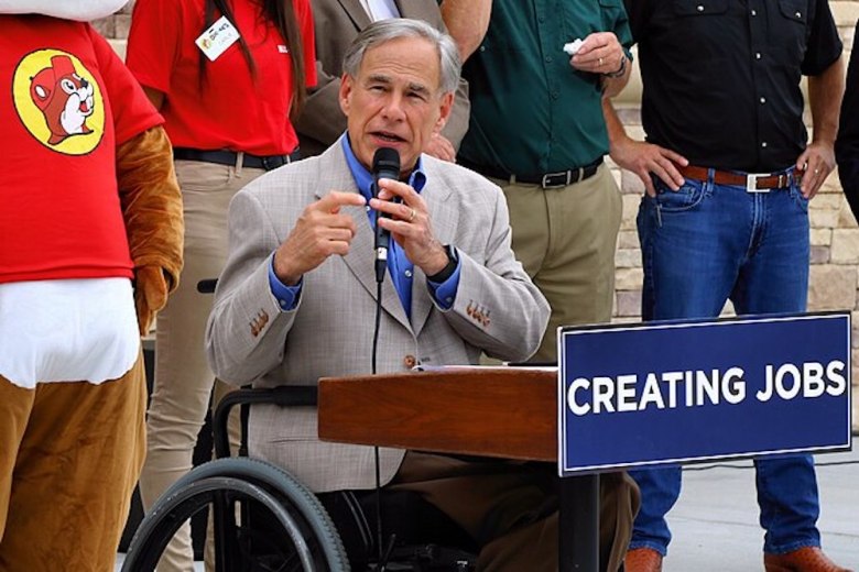 Texas Governor Greg Abbott speaking at the grand opening of Buc-ee's travel center in Luling, Texas.