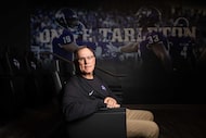 Tarleton State Texans head coach Todd Whitten poses for a photo in the film room of the...