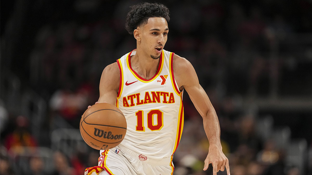 Atlanta Hawks forward Zaccharie Risacher (10) runs ot the basket against the Portland Trail Blazers during the first half at State Farm Arena.