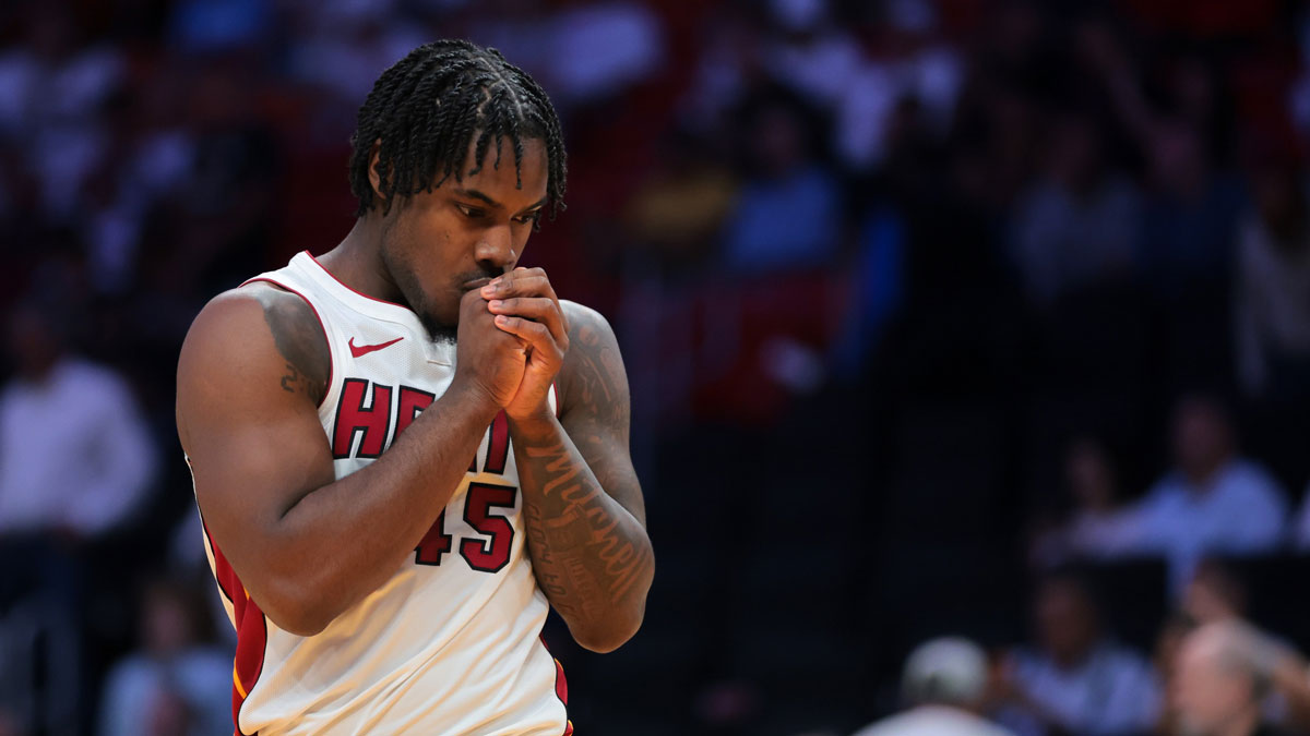 Heat guard Davion Mitchell (45) looks on against the Cleveland Cavaliers during game three for the first round of the 2025 NBA Playoffs at Kaseya Center