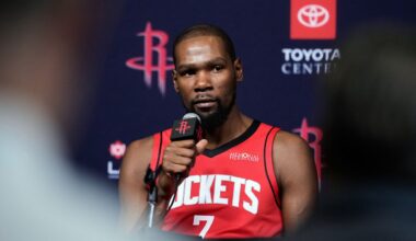 Houston Rockets forward Kevin Durant speaks to reporters during the NBA basketball team's media day in Houston, Monday, Sept. 29, 2025. (AP Photo/Ashley Landis)