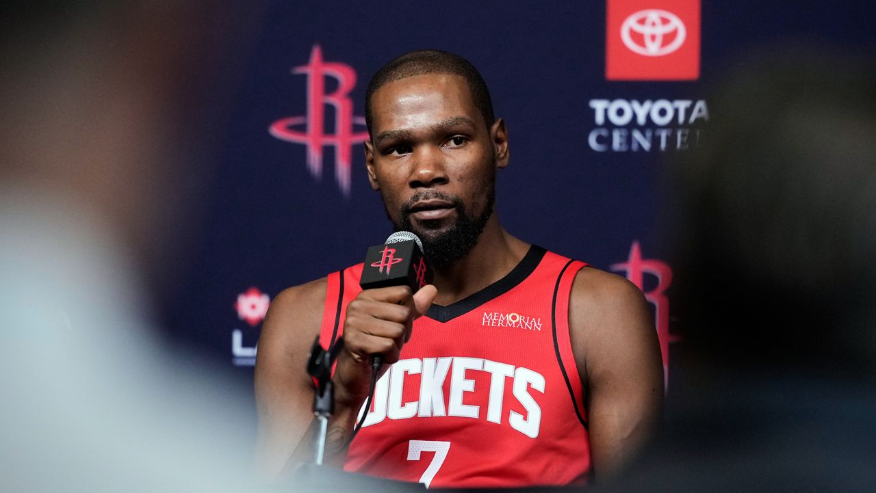 Houston Rockets forward Kevin Durant speaks to reporters during the NBA basketball team's media day in Houston, Monday, Sept. 29, 2025. (AP Photo/Ashley Landis)