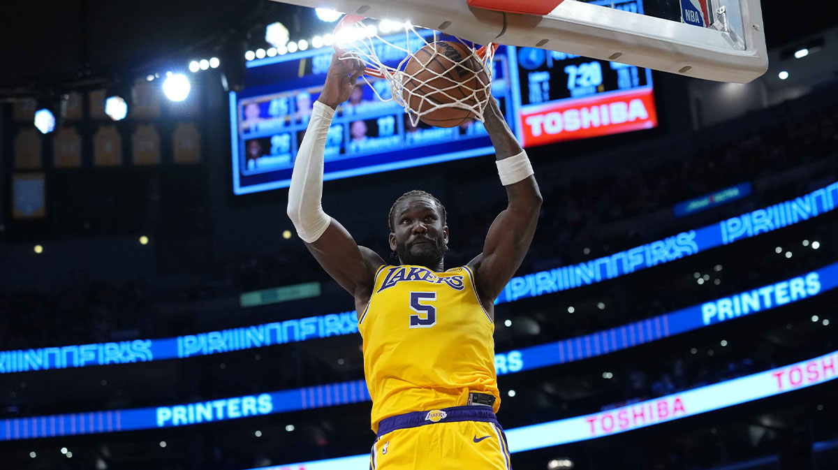Los Angeles Lakers center Deandre Ayton (5) dunks the ball in the second half against the Minnesota Timberwolves at Crypto.com Arena.