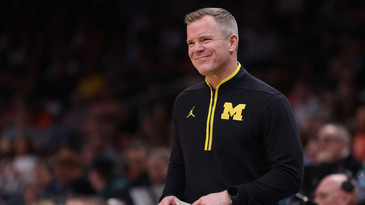 Michigan Wolverines head coach Dusty May in the first half of a South Regional semifinal of the 2025 NCAA tournament against the Auburn Tigers at State Farm Arena.