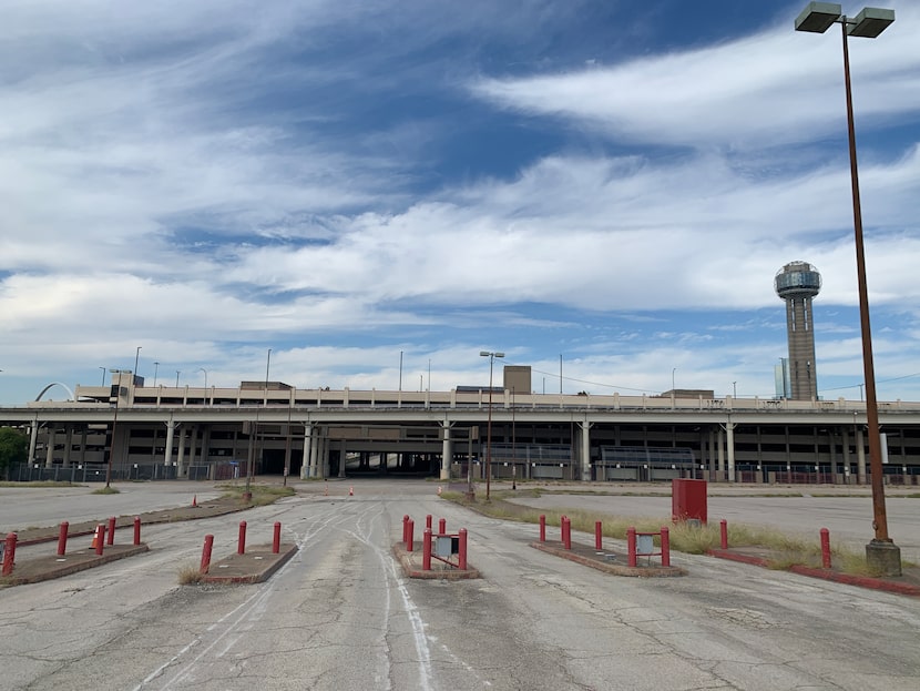 Standing in the old Lot E, a view of the Reunion parking garage through the Jefferson Street...