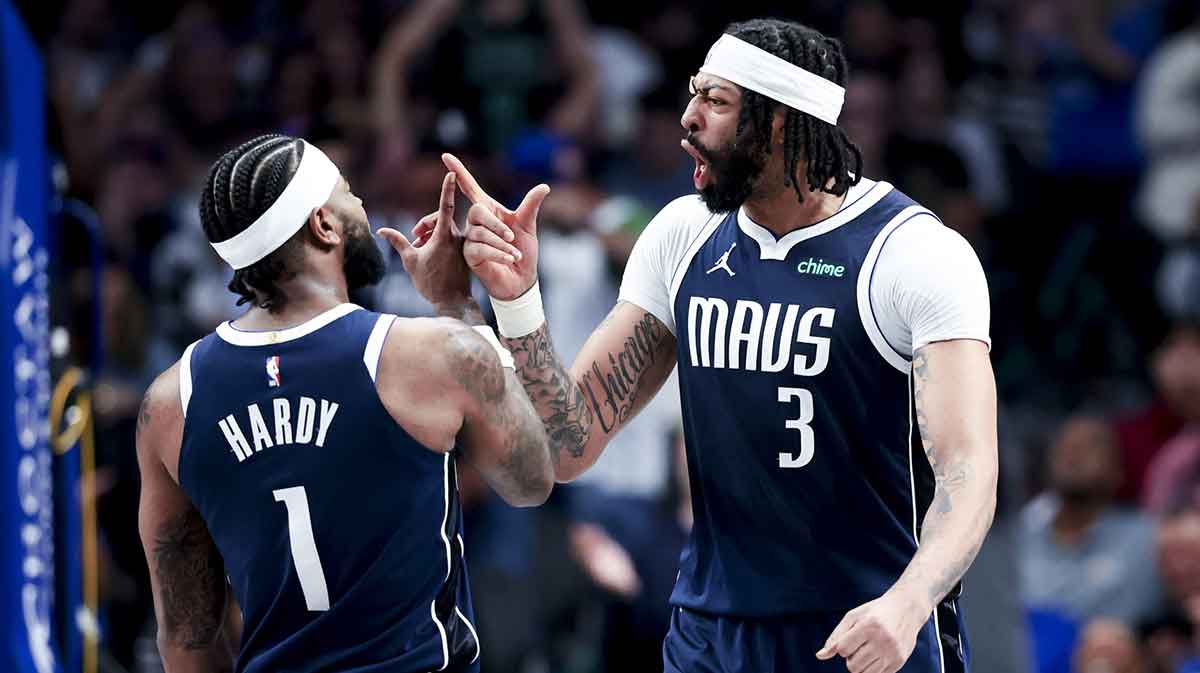 Dallas Mavericks forward Anthony Davis (3) celebrates with Dallas Mavericks guard Jaden Hardy (1) after scoring during the fourth quarter against the Atlanta Hawks at American Airlines Center.