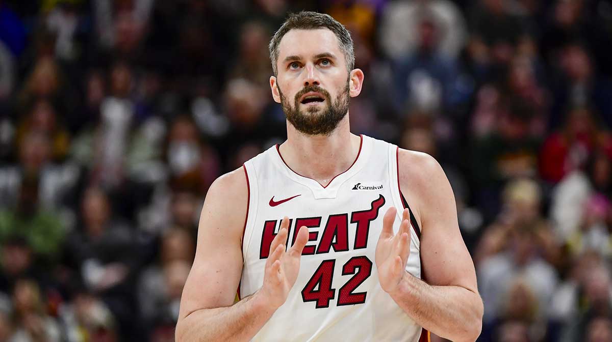 Miami Heat forward/center Kevin Love (42) reacts after missing a shot against the Utah Jazz during the second half at Vivint Arena.