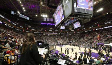 Camera operator Jennifer Hansen shoots during a timeout during the broadcast for the Utah Jazz and ...