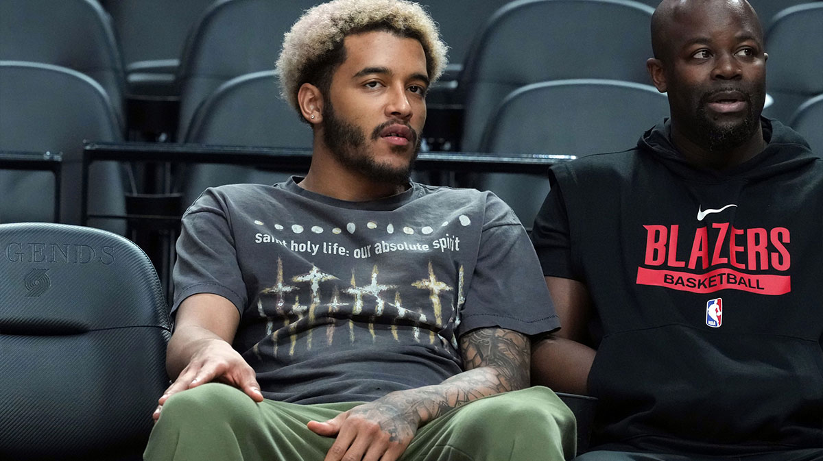 San Antonio Spurs forward Jeremy Sochan (10) looks on before the game against the Portland Trail Blazers at Moda Center.
