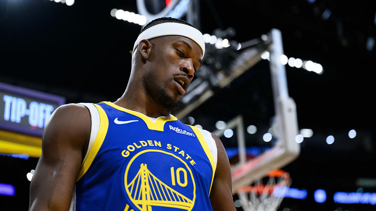 Oct 21, 2025; Los Angeles, California, USA; Golden State Warriors forward Jimmy Butler III (10) during the second half against the Los Angeles Lakers at Crypto.com Arena. Mandatory Credit: William Liang-Imagn Images